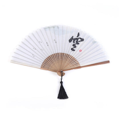 Mythstone Chinese Characters Golden Dragonfly Handheld Cotton Linen Bamboo Folding Fan 22cm