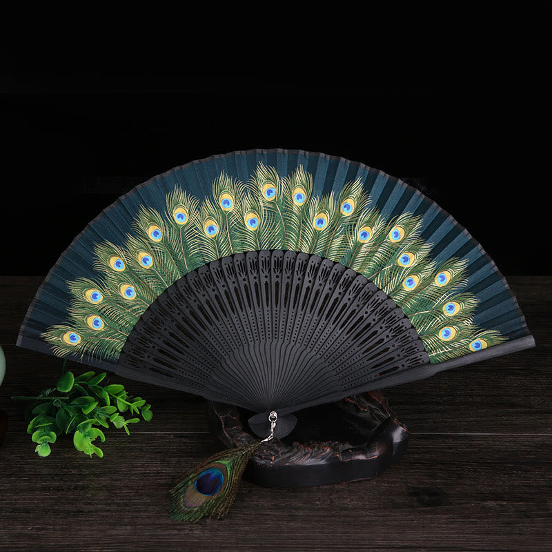 Mythstone Peacock Feather Handheld Bamboo Folding Fan 21.5cm