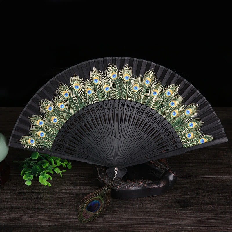 Mythstone Peacock Feather Handheld Bamboo Folding Fan 21.5cm