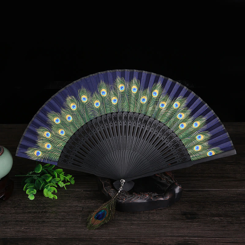 Mythstone Peacock Feather Handheld Bamboo Folding Fan 21.5cm