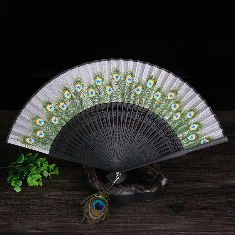 Mythstone Peacock Feather Handheld Bamboo Folding Fan 21.5cm