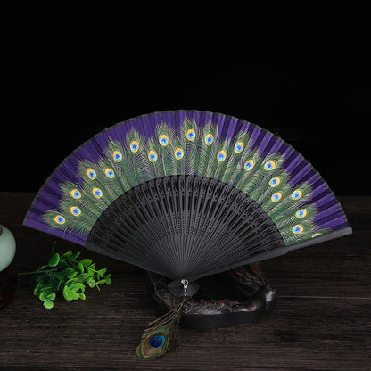 Mythstone Peacock Feather Handheld Bamboo Folding Fan 21.5cm