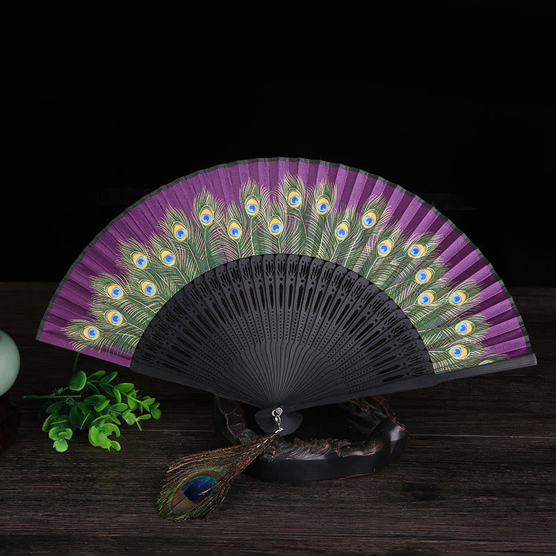 Mythstone Peacock Feather Handheld Bamboo Folding Fan 21.5cm