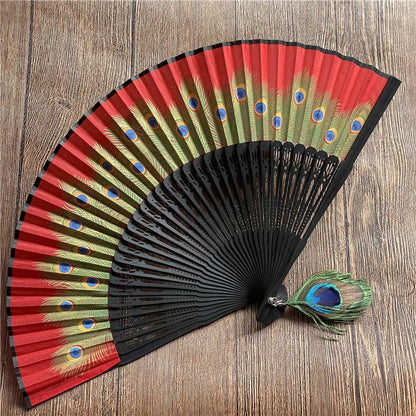 Mythstone Peacock Feather Handheld Bamboo Folding Fan 21.5cm