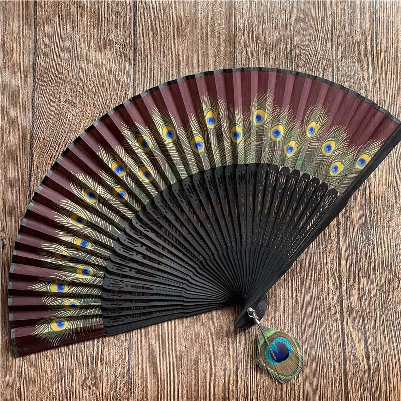 Mythstone Peacock Feather Handheld Bamboo Folding Fan 21.5cm