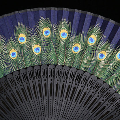 Mythstone Peacock Feather Handheld Bamboo Folding Fan 21.5cm