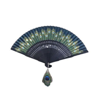 Mythstone Peacock Feather Handheld Bamboo Folding Fan 21.5cm