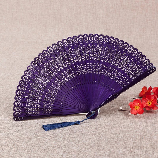 Mythstone Flower Engraved Hollow Handheld Bamboo Folding Fan 18cm