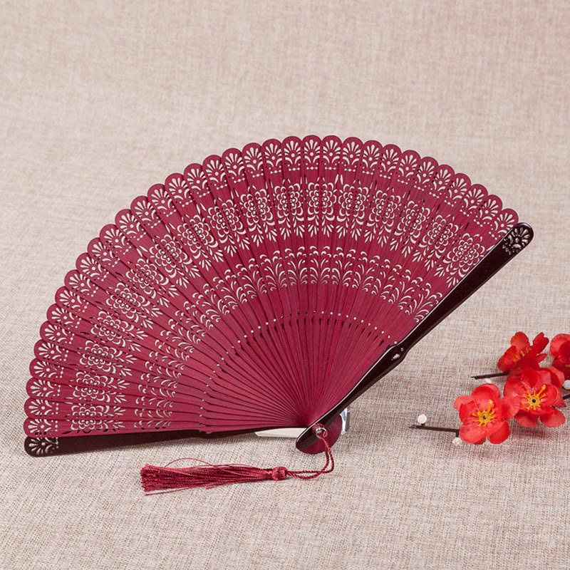 Mythstone Flower Engraved Hollow Handheld Bamboo Folding Fan 18cm