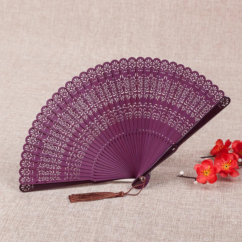 Mythstone Flower Engraved Hollow Handheld Bamboo Folding Fan 18cm