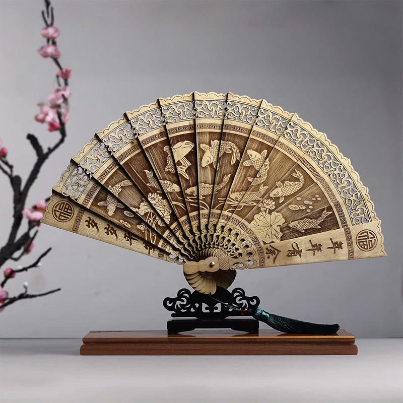 Mythstone Koi Fish Peony Bird Flower Engraved Hollow Handheld Phoebe Zhennan Wood Folding Fan 22cm