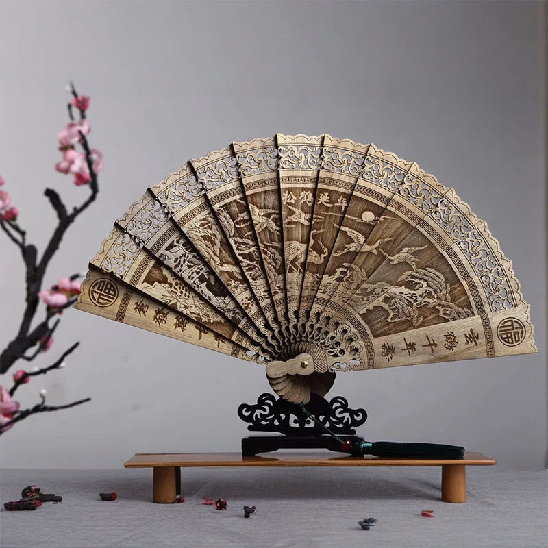 Mythstone Koi Fish Peony Bird Flower Engraved Hollow Handheld Phoebe Zhennan Wood Folding Fan 22cm