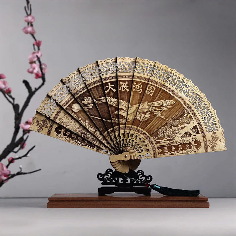 Mythstone Koi Fish Peony Bird Flower Engraved Hollow Handheld Phoebe Zhennan Wood Folding Fan 22cm