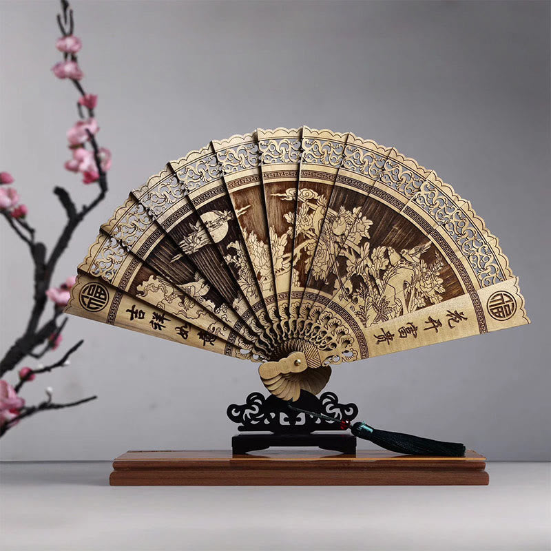 Mythstone Koi Fish Peony Bird Flower Engraved Hollow Handheld Phoebe Zhennan Wood Folding Fan 22cm