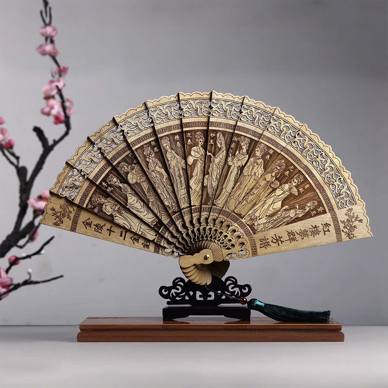 Mythstone Koi Fish Peony Bird Flower Engraved Hollow Handheld Phoebe Zhennan Wood Folding Fan 22cm