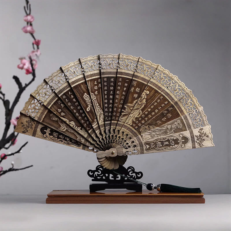 Mythstone Koi Fish Peony Bird Flower Engraved Hollow Handheld Phoebe Zhennan Wood Folding Fan 22cm