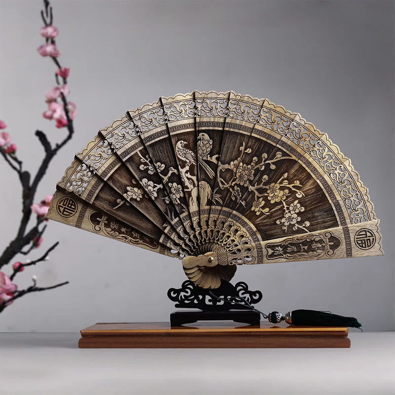 Mythstone Koi Fish Peony Bird Flower Engraved Hollow Handheld Phoebe Zhennan Wood Folding Fan 22cm