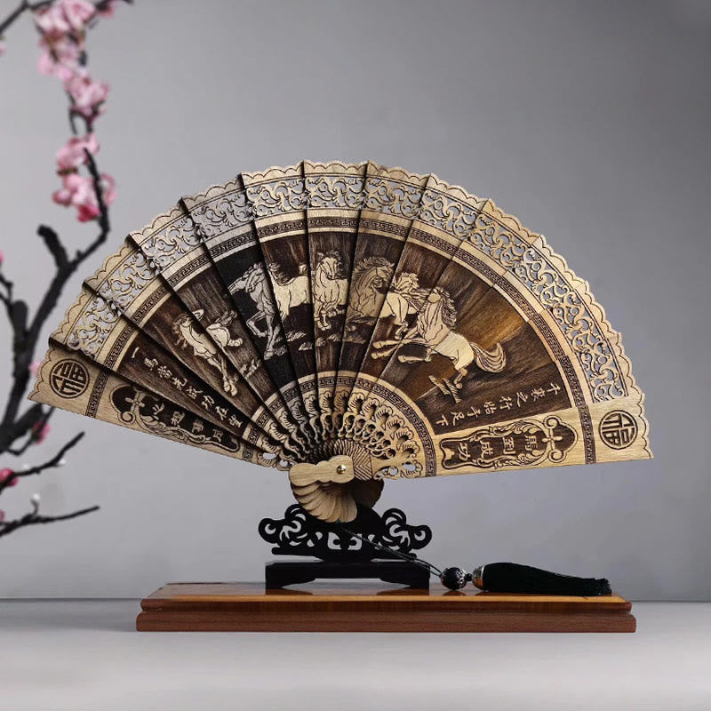 Mythstone Koi Fish Peony Bird Flower Engraved Hollow Handheld Phoebe Zhennan Wood Folding Fan 22cm