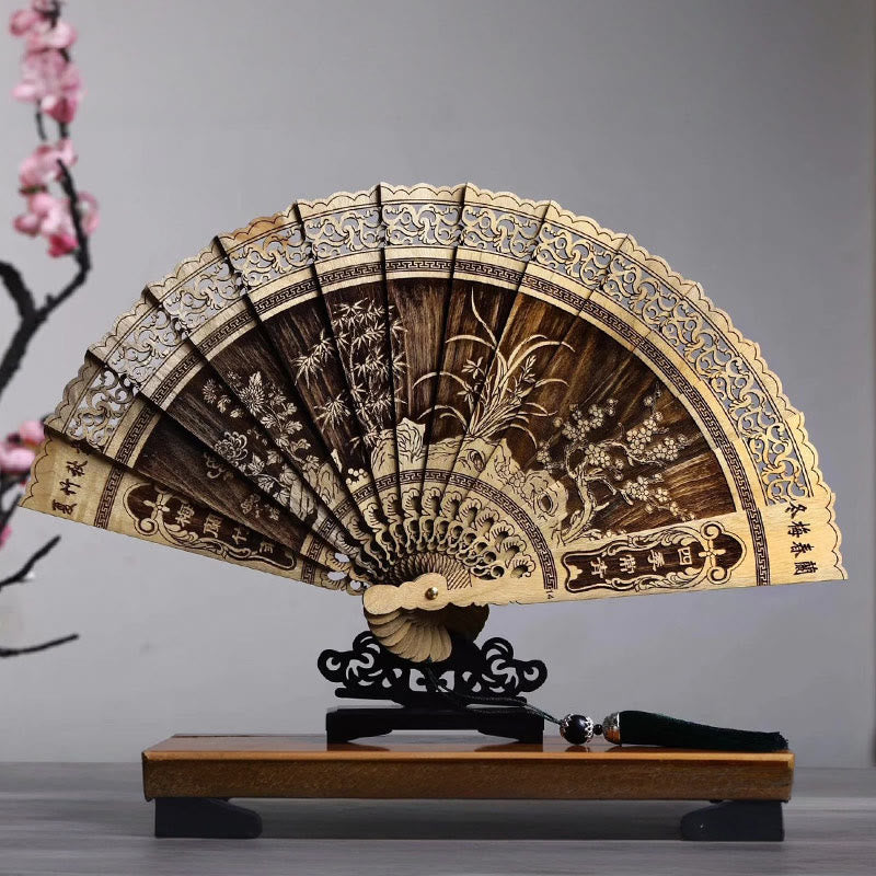 Mythstone Koi Fish Peony Bird Flower Engraved Hollow Handheld Phoebe Zhennan Wood Folding Fan 22cm