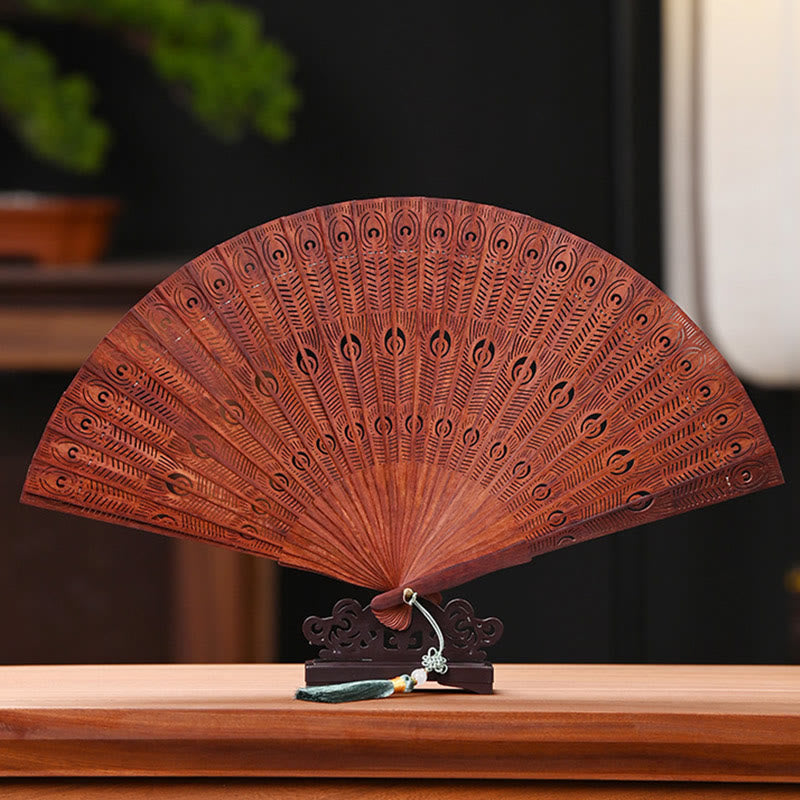 Mythstone Peacock Feather Carved Hollow Handheld Small Leaf Red Sandalwood Green Sandalwood Folding Fan 22.5cm