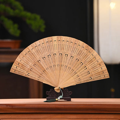 Mythstone Peacock Feather Carved Hollow Handheld Small Leaf Red Sandalwood Green Sandalwood Folding Fan 22.5cm