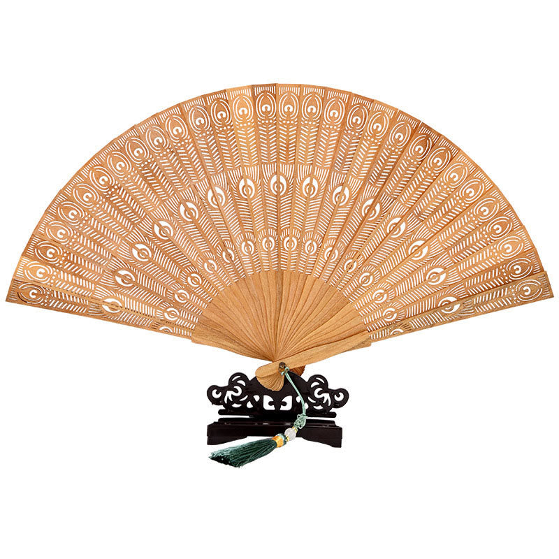 Mythstone Peacock Feather Carved Hollow Handheld Small Leaf Red Sandalwood Green Sandalwood Folding Fan 22.5cm