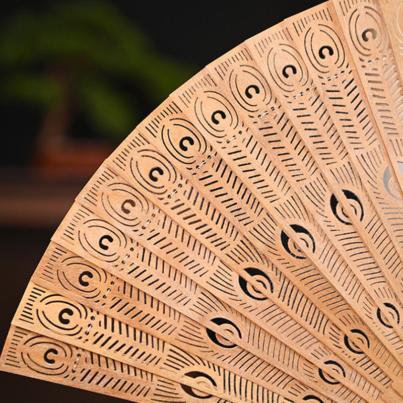 Mythstone Peacock Feather Carved Hollow Handheld Small Leaf Red Sandalwood Green Sandalwood Folding Fan 22.5cm