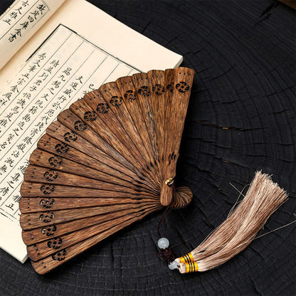 Mythstone Nha Trang Agarwood Engraved Hollow Wood Folding Fan Car Hanging Decoration