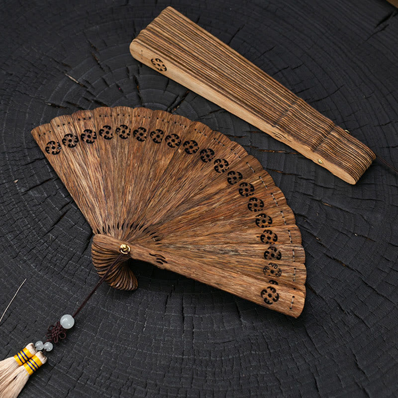 Mythstone Nha Trang Agarwood Engraved Hollow Wood Folding Fan Car Hanging Decoration