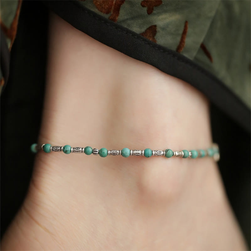 Mythstone 925 Sterling Silver Turquoise Small Beads Fish Pattern Protection Anklet