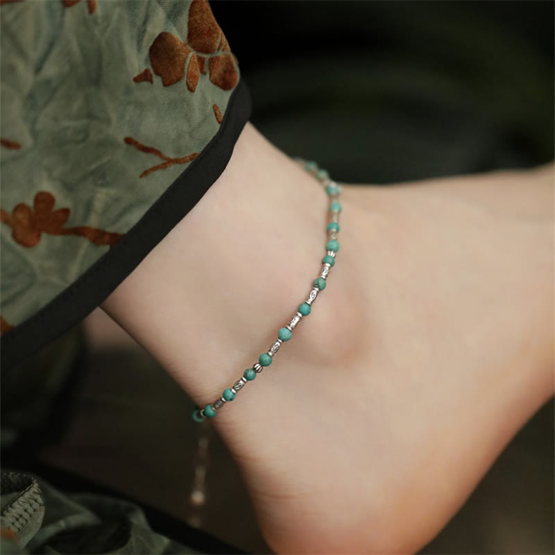 Mythstone 925 Sterling Silver Turquoise Small Beads Fish Pattern Protection Anklet