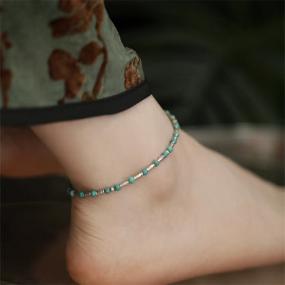 Mythstone 925 Sterling Silver Turquoise Small Beads Fish Pattern Protection Anklet