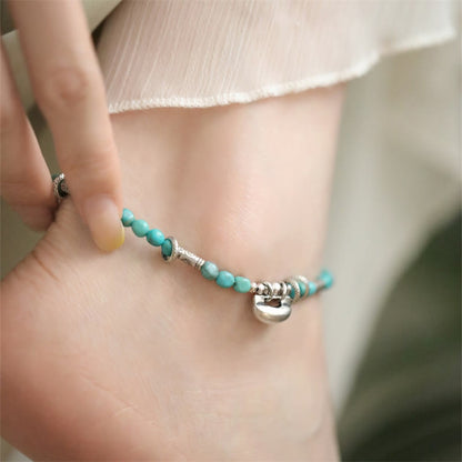 Mythstone 925 Sterling Silver Turquoise Small Beads Chinese Lock Charm Strength Anklet