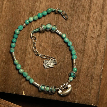 Mythstone 925 Sterling Silver Turquoise Small Beads Chinese Lock Charm Strength Anklet