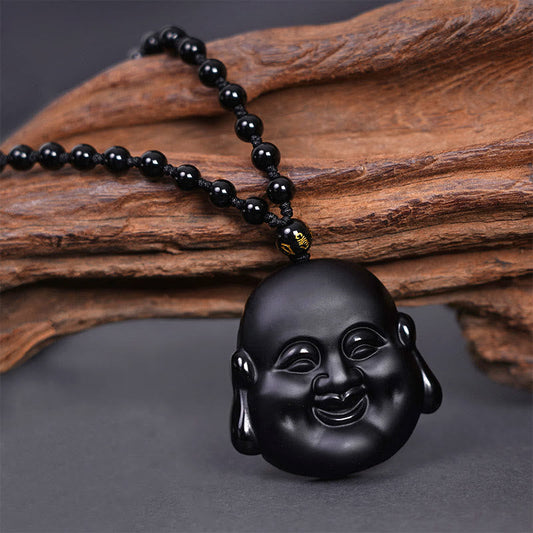 Mythstone Natural Black Obsidian Laughing Buddha Purification Necklace Pendant