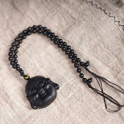 Mythstone Natural Black Obsidian Laughing Buddha Purification Necklace Pendant