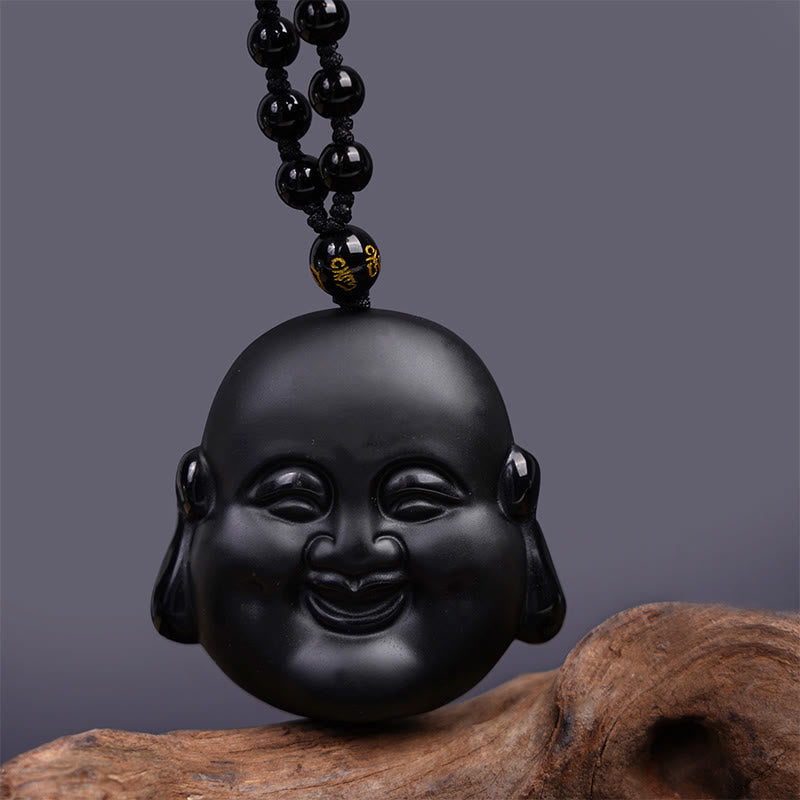 Mythstone Natural Black Obsidian Laughing Buddha Purification Necklace Pendant