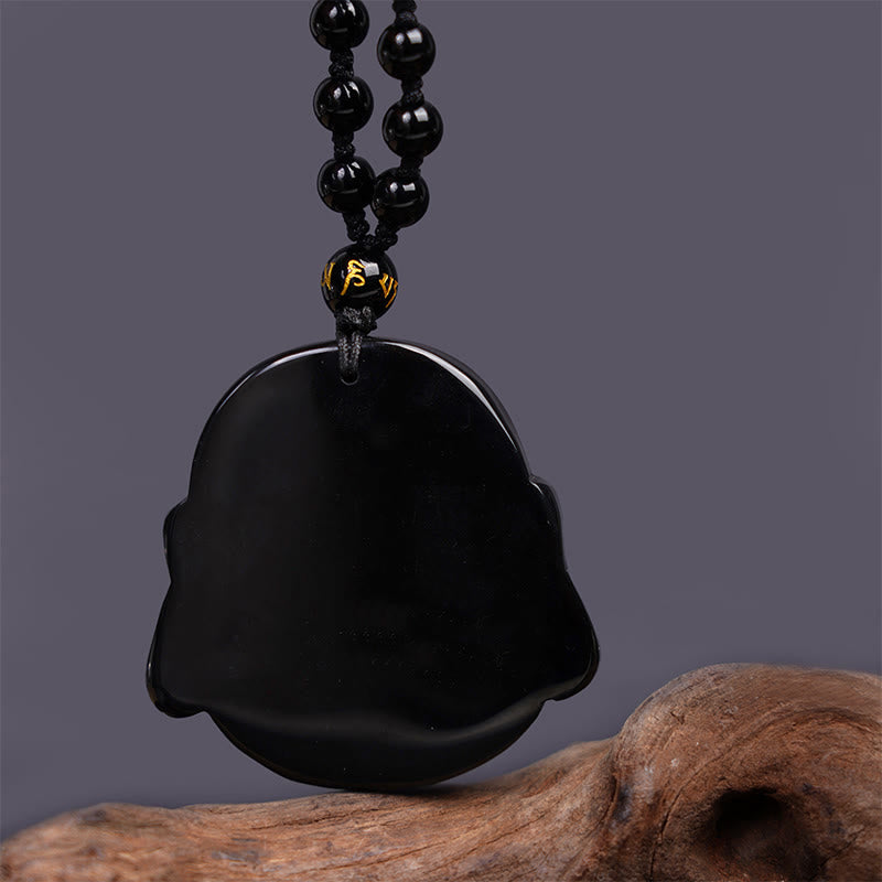 Mythstone Natural Black Obsidian Laughing Buddha Purification Necklace Pendant