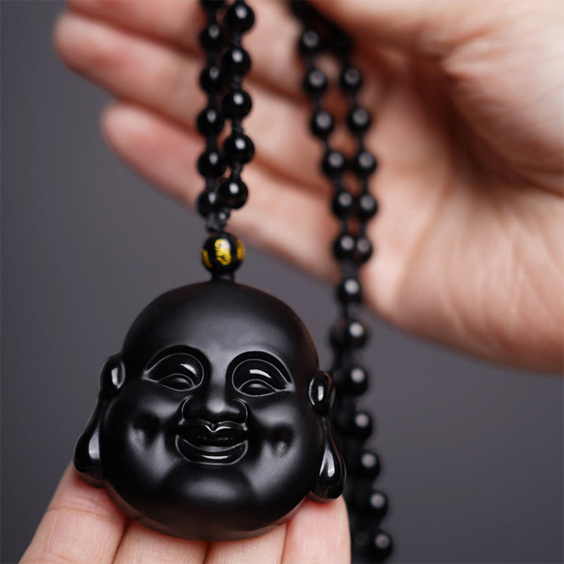 Mythstone Natural Black Obsidian Laughing Buddha Purification Necklace Pendant