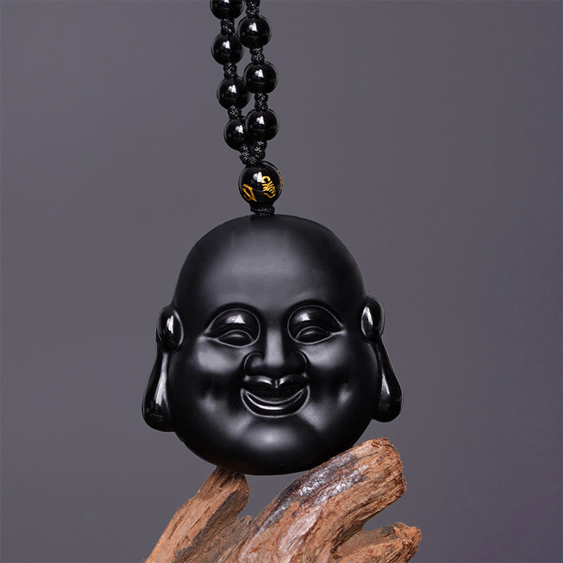 Mythstone Natural Black Obsidian Laughing Buddha Purification Necklace Pendant