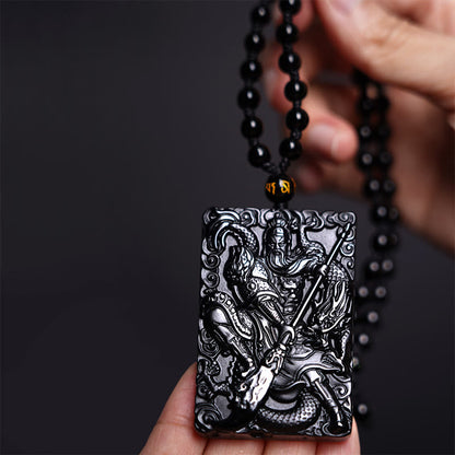 Mythstone Black Obsidian Guan Gong Amulet Engraved Strength Necklace Pendant