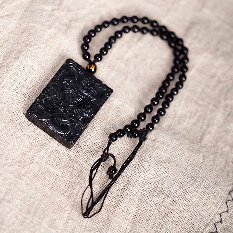 Mythstone Black Obsidian Guan Gong Amulet Engraved Strength Necklace Pendant