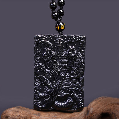 Mythstone Black Obsidian Guan Gong Amulet Engraved Strength Necklace Pendant