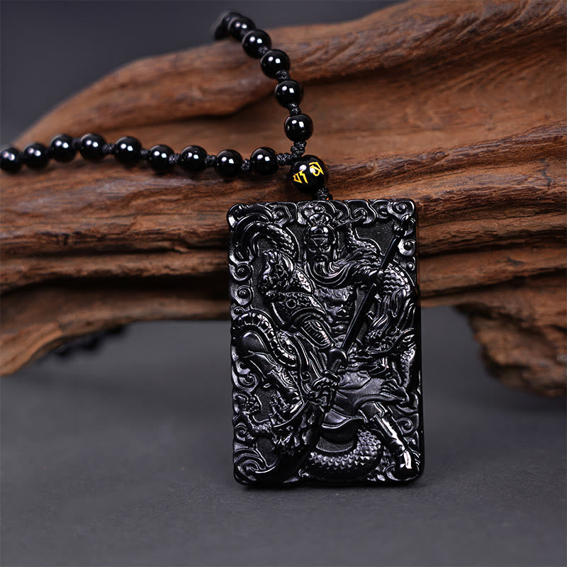 Mythstone Black Obsidian Guan Gong Amulet Engraved Strength Necklace Pendant