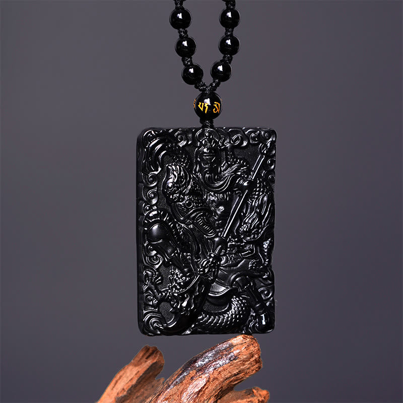 Mythstone Black Obsidian Guan Gong Amulet Engraved Strength Necklace Pendant