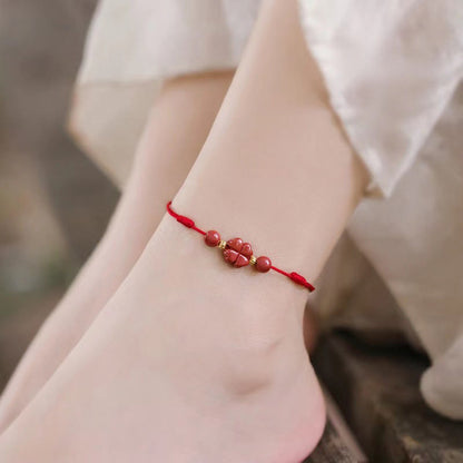 Mythstone Cinnabar Four Leaf Clover Blessing String Rope Anklet