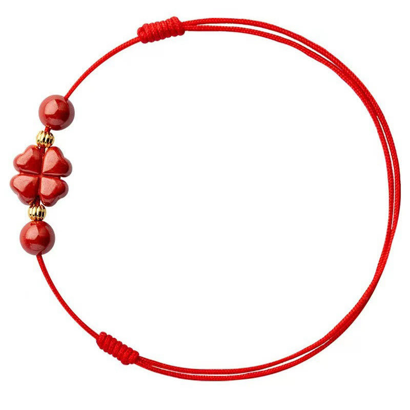 Mythstone Cinnabar Four Leaf Clover Blessing String Rope Anklet