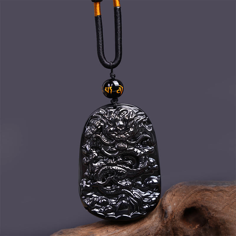 Mythstone Black Obsidian Dragon Carved Luck Protection Necklace Pendant