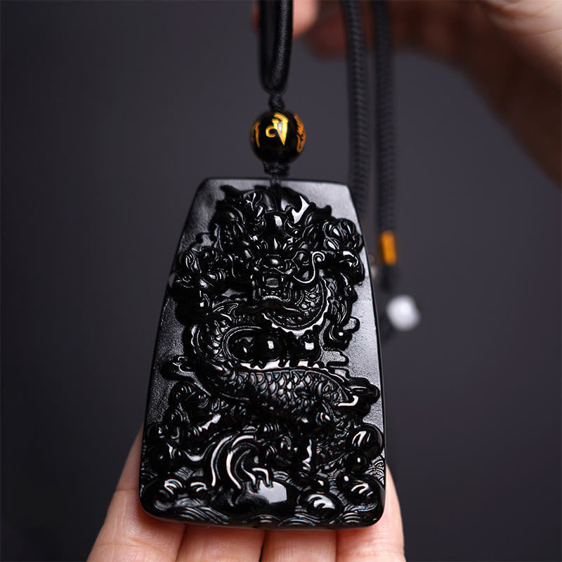 Mythstone Black Obsidian Dragon Carved Luck Protection Necklace Pendant