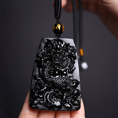 Mythstone Black Obsidian Dragon Carved Luck Protection Necklace Pendant